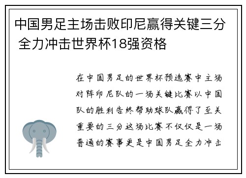 中国男足主场击败印尼赢得关键三分 全力冲击世界杯18强资格 中国男足主场击败印尼赢得关键三分 全力冲击世界杯18强资格