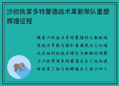 沙欣执掌多特蒙德战术革新带队重塑辉煌征程